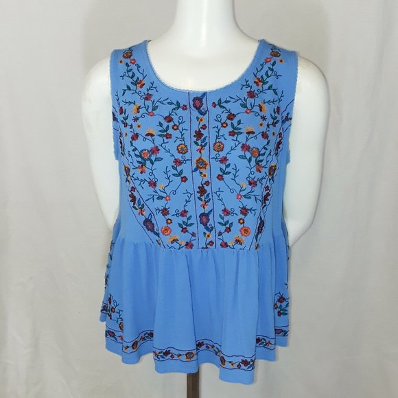 Umgee Tops - Vintage 90's Umgee Blue Floral Embroidered Flowy Peplum Sleeveless Crop Top M